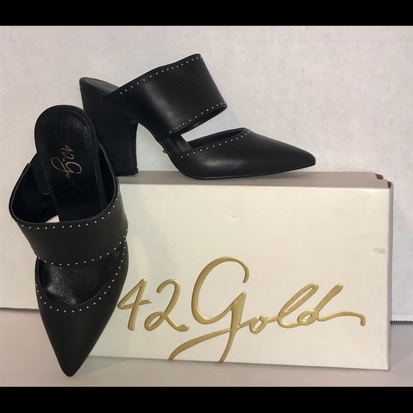 42 Gold Womens Figaro Mule Shoes Black Leather - Picture 2 of 9